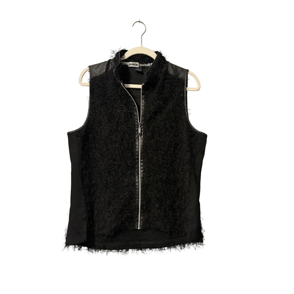 Jamie Sadock Womens‎ Black Eyelash Fringe Faux Leather Trim Golf Vest Large